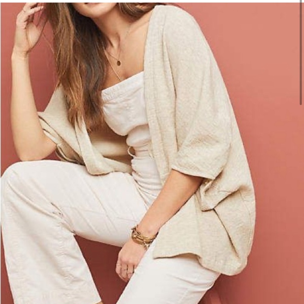 Anthropologie Bel Kazan Tan Kimono Women One Size Sleeve Textured Shrug Neutral